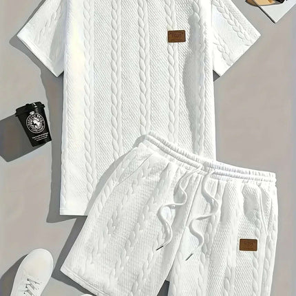 Men's Solid Color Patch Design Rib Short Sleeve Two-piece Set Fendax 0