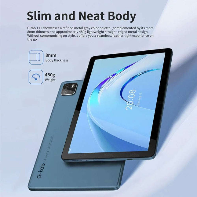 G-tab T11 Android 14 Tablet 10.1 Inch 1280&800 IPS Screen Unisoc T606 8 Core Max 1.6GHz 8GB RAM 4GB&4GB Expansion128GB ROM 2.4&5GHz WiFi Bluetooth 5.0 6580mAh Battery 8MP&13MP Camera Dual 4G Fendax 5