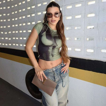 Summer Fashion Personality Hipster Contrast Color Sexy Digital 3D Printing Slim-fit Crop-top Fendax 0