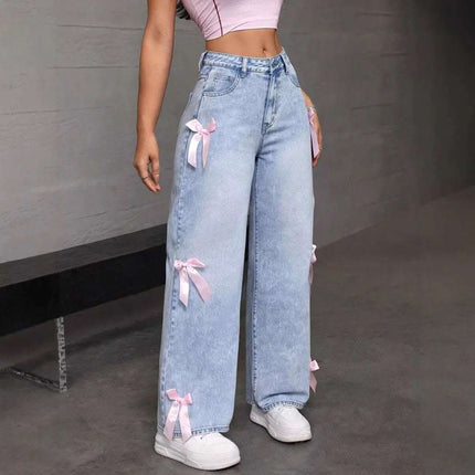 Bowknot Collage Washed Jeans Loose Straight-leg Wide-leg Pants Fendax 0