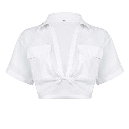 Women's Crop Navel Twist Solid Polo Collar Shirt T-Shirt Top Fendax 0