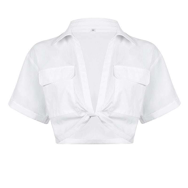 Women's Crop Navel Twist Solid Polo Collar Shirt T-Shirt Top Fendax 0