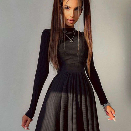 Y2K Long-sleeved Dress With Hollow Design Fashion Solid Color Round Neck A-line Dresses Fall Wainter Women's Clothing
