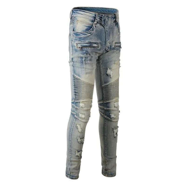 Hand Frayed Beggar Style Distressed Slim Stretch American Men's Jeans Fendax 0
