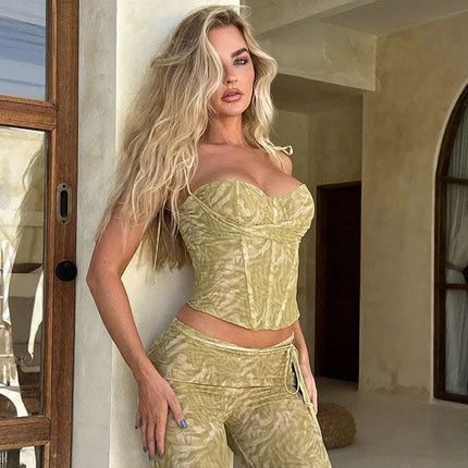 Sexy Style Corrugated Printed Double Layer Mesh Camisole Low Collar Irregular Cinched Tube Top Vest Top Fendax 0
