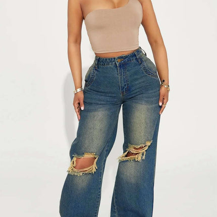 Retro Heavy-duty Washed Knee Ripped Wide-legged Jeans Fendax 0