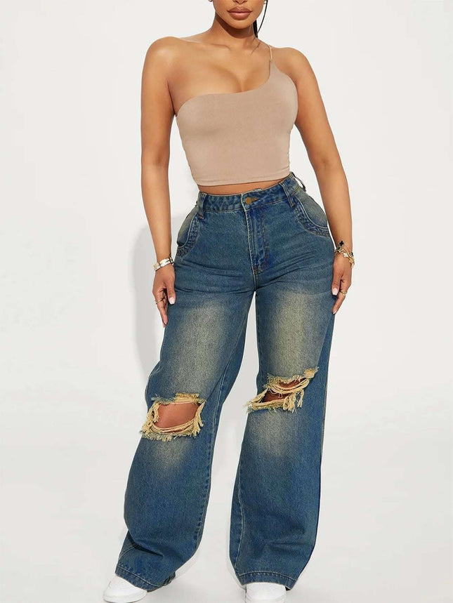 Retro Heavy-duty Washed Knee Ripped Wide-legged Jeans Fendax 0