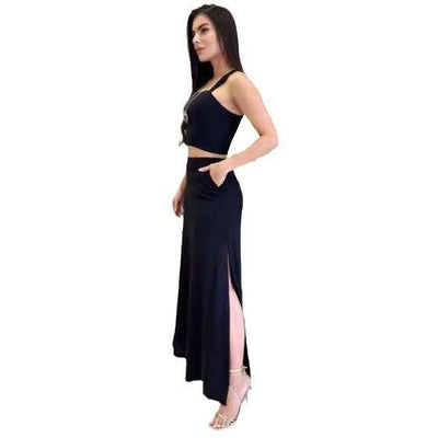 Women's Solid Color Crop-top Spaghetti-strap Top High Waist Long Skirt Sets Fendax 0
