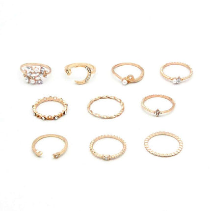 Bohemian Fashion Star Moon Love Pearl Leaf 10-Piece Ring Fendax 0