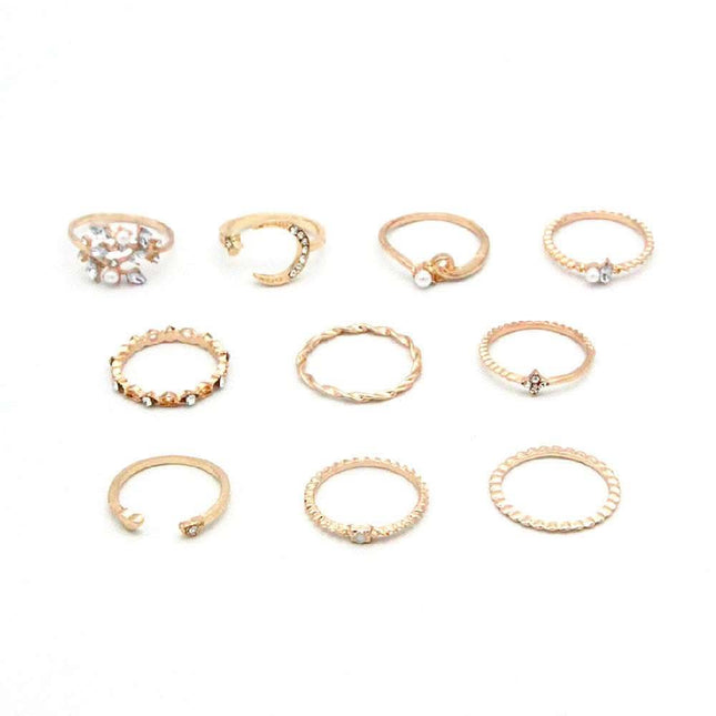 Bohemian Fashion Star Moon Love Pearl Leaf 10-Piece Ring Fendax 0
