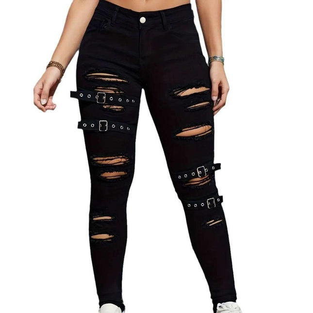 Black Tight Stretch Skinny Trousers Women's Ripped Denim Trousers Fendax 0