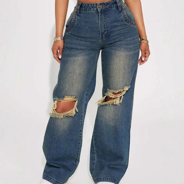 Retro Heavy-duty Washed Knee Ripped Wide-legged Jeans Fendax 0