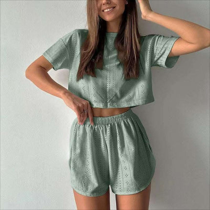 2pcs Casual Hollow Suit With Short-sleeved Crop Top And Elastic Slit Shorts Summer Fashion Sport Clothing For Women Fendax 4
