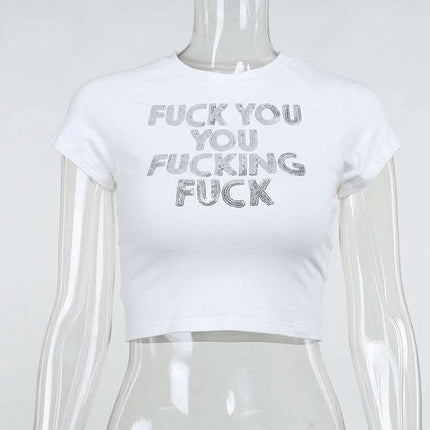 Sequin Alphabet Print Casual Skinny Short Sleeve Simple Hong Kong Style Crop Top Fendax 0