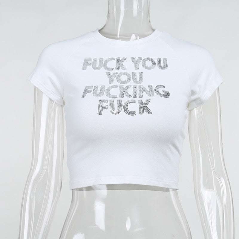 Sequin Alphabet Print Casual Skinny Short Sleeve Simple Hong Kong Style Crop Top Fendax 0