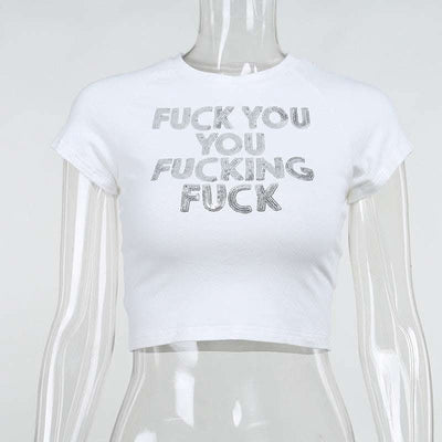 Sequin Alphabet Print Casual Skinny Short Sleeve Simple Hong Kong Style Crop Top Fendax 0