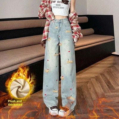 Cartoon Puppy Embroidered High Waist Straight Jeans Fendax 0