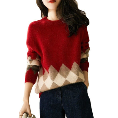 Red Round-neck Knitwear Loose Sweater For Women