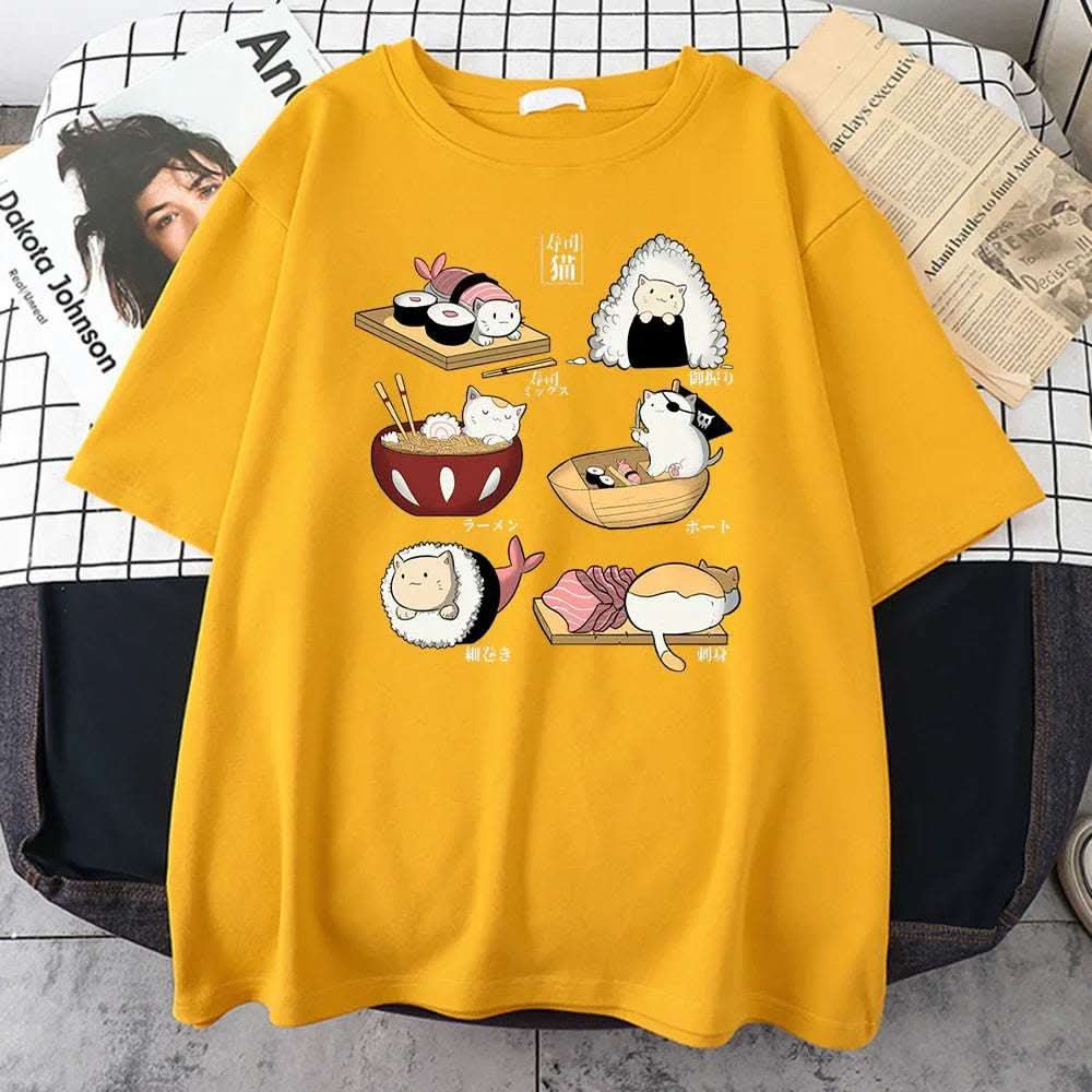 H Cute Cat Sushi Cartoon Style Mens Cotton Short Sleeve Fendax 0