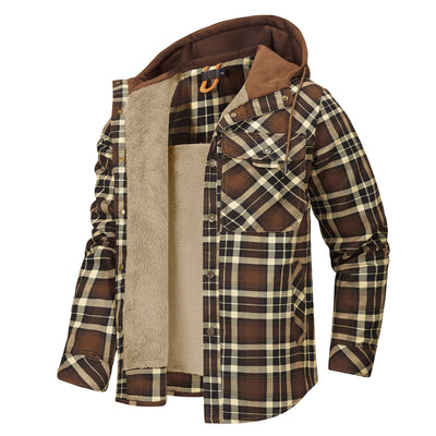 Velvet Thickened Hooded Plaid Shirt Coat