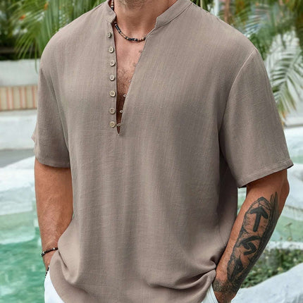 Summer Deep V-neck Multi-button Cotton And Linen Casual Shirt Men's Short Sleeve Fendax 0