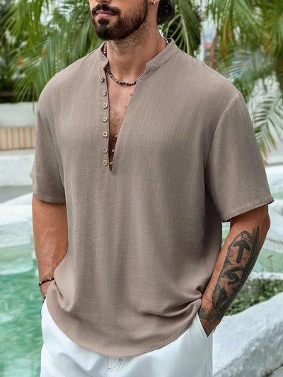 Summer Deep V-neck Multi-button Cotton And Linen Casual Shirt Men's Short Sleeve Fendax 0