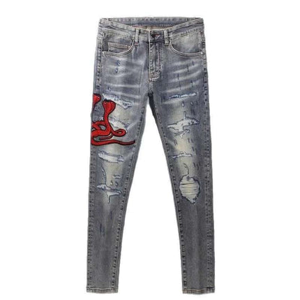 Worn Looking Washed-out Hole Patch Trendy Brand Embroidered Slim Fit Jeans Fendax 0