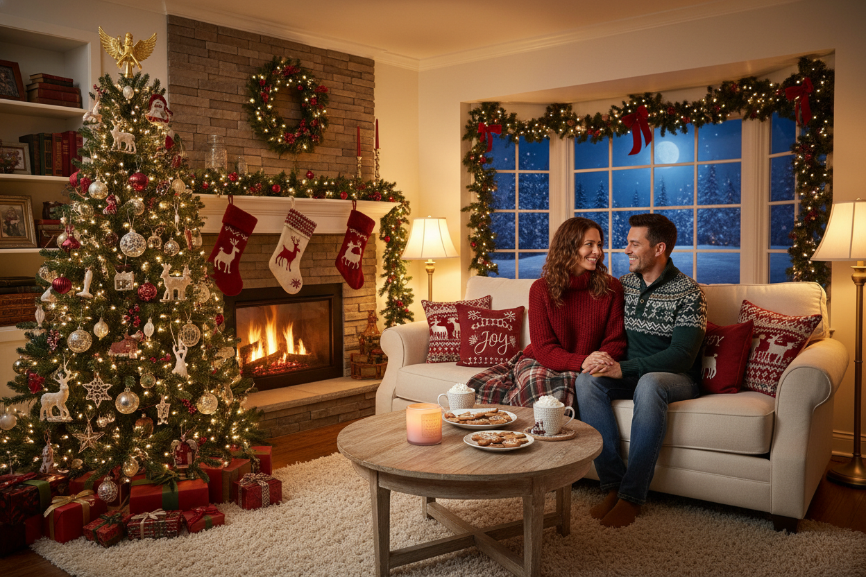 create a cozy living room decorated with christmas decorations with a lovely couple sitting on the sofa talking to each other