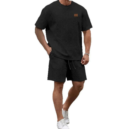 Men's Solid Color Patch Design Rib Short Sleeve Two-piece Set Fendax 0