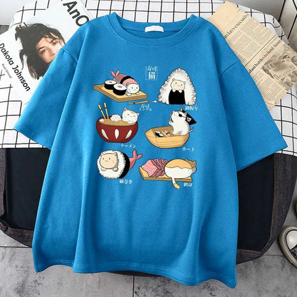 H Cute Cat Sushi Cartoon Style Mens Cotton Short Sleeve Fendax 0
