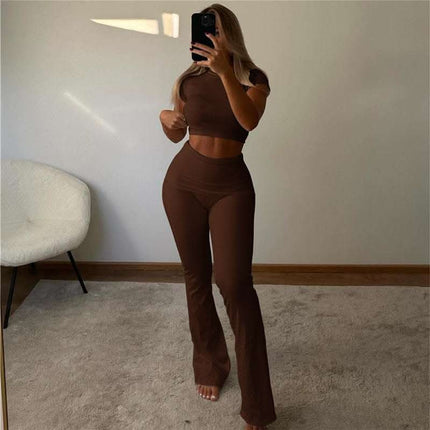 Slim Fit Crop-top Short Sleeve T-shirt High Waist Tight Casual Trousers Suit Fendax 0