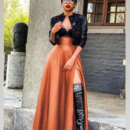 Women's High Waist Split Irregular Skirt Leather Skirt Fendax 0