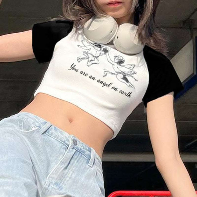 Fashion Angel Print Crewneck T-shirt Women's Bump Color Insert Shoulder Short Sleeve Crop Slim Short Casual Top Fendax 0