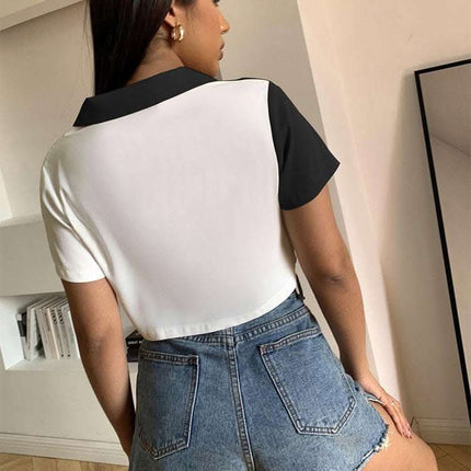 Contrast Paneled Crop Top Pocket Single Breasted Short Sleeve Shirt Fendax 0