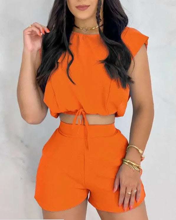 European And American Solid Color Tie Crop Top And Shorts Pocket Set Fendax 0