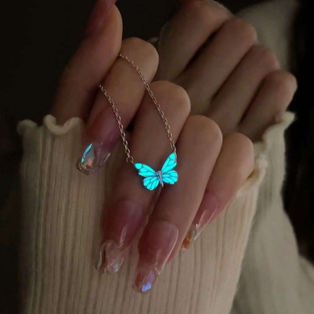 Fashion Blue Luminous Butterfly Necklace Bracelet Set For Glow In The Dark Women Clavicle Chain Choker Party Jewelry Set Gift Fendax 0