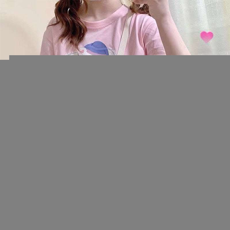 Cute And Sweet Japanese Girl Short-sleeved T-shirt Female Loose And Thin High-waist All-match Short Crop Top Fendax 0