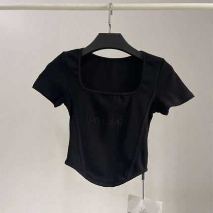 Hot Girl Short High Waist Crop Top Women's Summer Sexy Tight Curved Hem Short Sleeve T-shirt Fendax 0