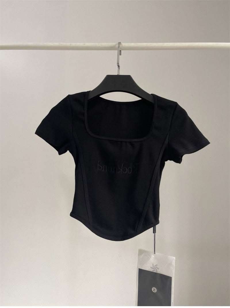 Hot Girl Short High Waist Crop Top Women's Summer Sexy Tight Curved Hem Short Sleeve T-shirt Fendax 0