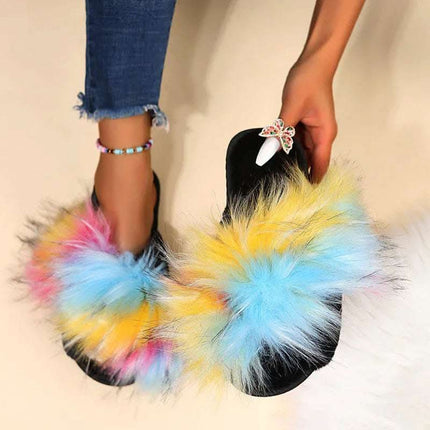 Flat Long Wool Warm Color Matching Plush Slippers Fendax 0