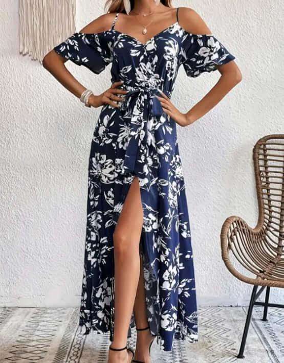Flower Print Split Suspender Dress With Lace-up Design Summer Fashion Long Dresses Beach Clothing For Women Fendax 4