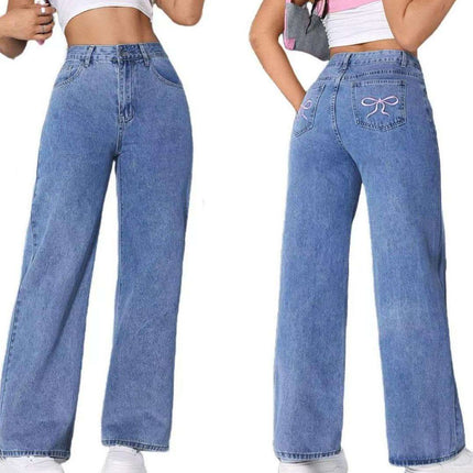 Vintage Bow Embroidered Washed Jeans For Women Straight Loose Trousers Fendax 0