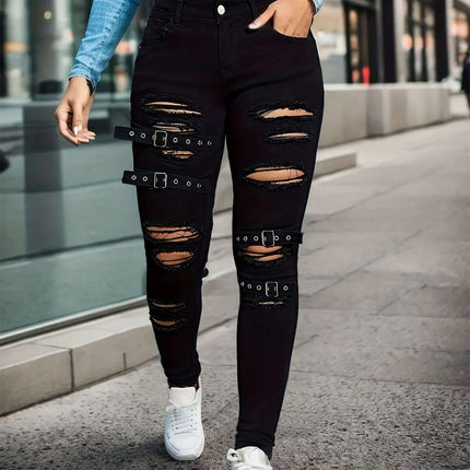 Black Tight Stretch Skinny Trousers Women's Ripped Denim Trousers Fendax 0