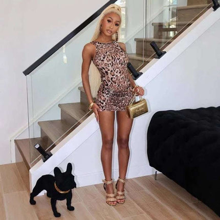 Sleeveless Leopard-print Slim-fit Hip-wrapped Short Dress Fendax 0