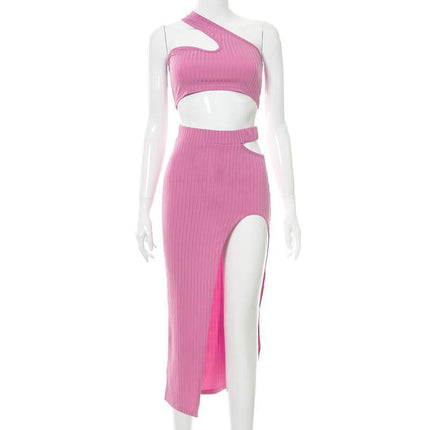 Sloping Shoulder Crop Top High Waist Hollow Skirt Suit Tight Two Piece Fendax 0