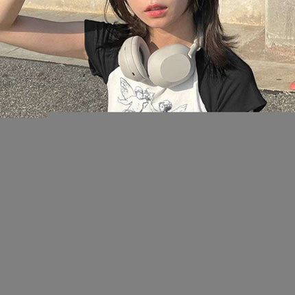 Fashion Angel Print Crewneck T-shirt Women's Bump Color Insert Shoulder Short Sleeve Crop Slim Short Casual Top