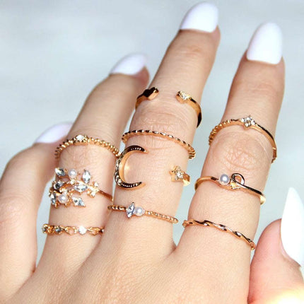 Bohemian Fashion Star Moon Love Pearl Leaf 10-Piece Ring Fendax 0