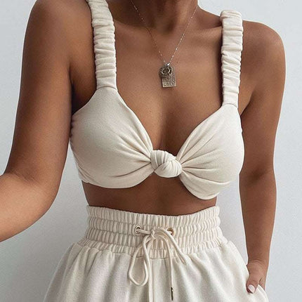 Solid Color Patchwork Crop Navel Twist Slim Sling Top Fendax 0