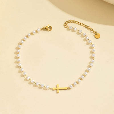 White Pearl Chain Bracelet Stainless Steel Cross Faith