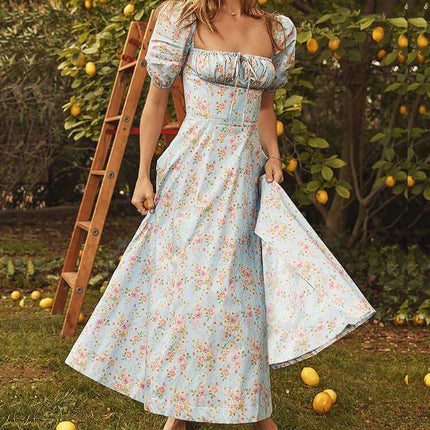 Summer Floral Print Dress Women Sexy Party Long Dresses Puff Short Sleeve Fendax 0
